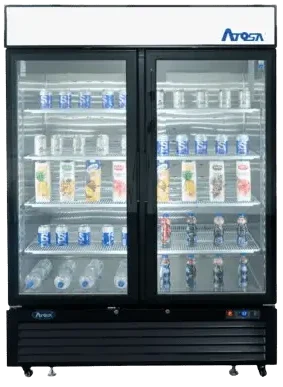 Front view of the Atosa MCF8732GR 54-inch two glass door merchandiser freezer with a black exterior, lighted header, and swivel casters.