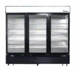 Atosa three-door glass display refrigerator. Black exterior with industrial casters.