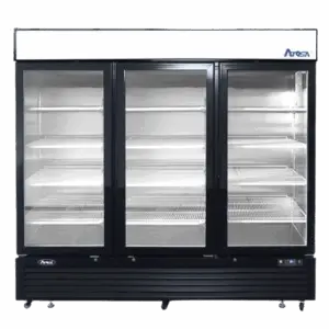 Atosa three-door glass display refrigerator. Black exterior with industrial casters.