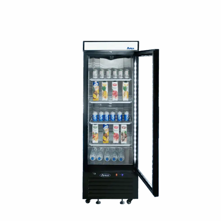 Front view of the Atosa MCF8725GR compact 24-inch single glass door merchandiser refrigerator with a black exterior, lighted header, and swivel casters.