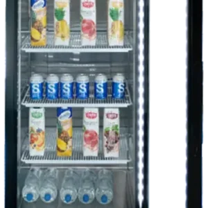 Front view of the Atosa MCF8725GR compact 24-inch single glass door merchandiser refrigerator with a black exterior, lighted header, and swivel casters.