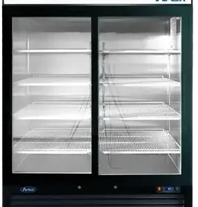 Front view of the Atosa MCF8727GR 81-inch three glass door merchandiser refrigerator with a black exterior, large lighted header, and swivel casters.