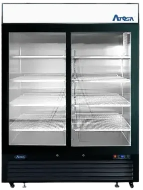 Front view of the Atosa MCF8727GR 81-inch three glass door merchandiser refrigerator with a black exterior, large lighted header, and swivel casters.