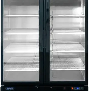 Front view of the Atosa MCF8709GR 54-inch two glass door reach-in refrigerator with a stainless steel finish, internal LED lighting, and swivel casters.
