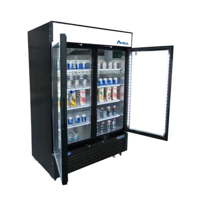 Front view of the Atosa MCF8723GR 54-inch two glass door merchandiser refrigerator with a black exterior, lighted header, and swivel casters.