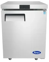 Front view of the Atosa MGF24RGR 24-inch single door undercounter refrigerator featuring a stainless steel finish, compact design, and swivel casters.