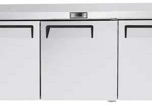 Front view of the Atosa MGF8404GR 72-inch three-door undercounter refrigerator with a stainless steel finish, recessed handles, and swivel casters.