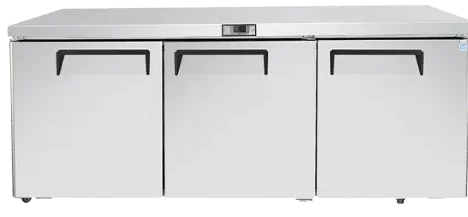Front view of the Atosa MGF8404GR 72-inch three-door undercounter refrigerator with a stainless steel finish, recessed handles, and swivel casters.
