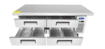 Front view of a 72-inch heavy-duty Atosa chef base featuring two large refrigerated storage drawers, a durable stainless steel work surface, and heavy-duty casters. Both drawers in open position.