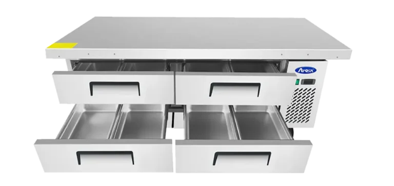 Front view of a 72-inch heavy-duty Atosa chef base featuring two large refrigerated storage drawers, a durable stainless steel work surface, and heavy-duty casters. Both drawers in open position.