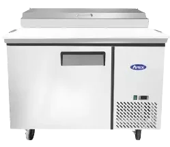 Front view of the Atosa MPF8201GR 44-inch single door pizza prep table featuring a 19-inch deep cutting board, top pan rail, and swivel casters.