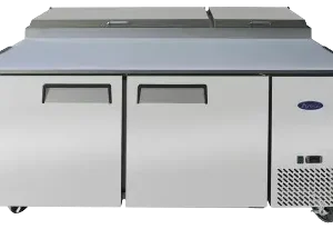 Front view of the Atosa MPF8202GR two-door pizza prep table featuring a wide cutting board, stainless steel pan cover, and swivel casters.
