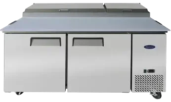 Front view of the Atosa MPF8202GR two-door pizza prep table featuring a wide cutting board, stainless steel pan cover, and swivel casters.
