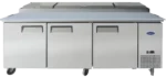 Front view of a 93-inch Atosa pizza prep station featuring three refrigerated storage doors, a top-loading ingredient rail with stainless steel lid, and heavy-duty casters.