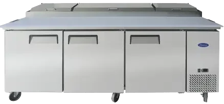 Front view of a 93-inch Atosa pizza prep station featuring three refrigerated storage doors, a top-loading ingredient rail with stainless steel lid, and heavy-duty casters.