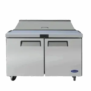 Front view of the Atosa MSF8302GR two-door sandwich prep table featuring a 48-inch wide cutting board, stainless steel lid, and swivel casters.