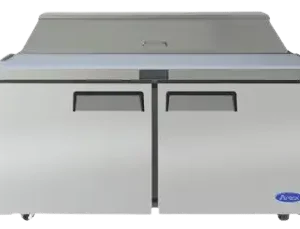 Refrigerated sandwich prep table with dual doors, cutting board, hood, and stainless steel finish