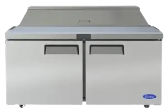 Refrigerated sandwich prep table with dual doors, cutting board, hood, and stainless steel finish