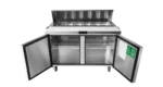 Atosa sandwich prep table with cutting board and open hood and open doors with wheels