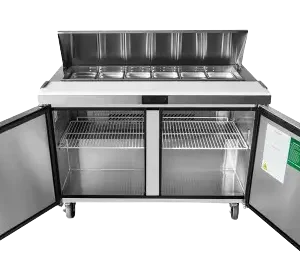Atosa sandwich prep table with cutting board and open hood and open doors with wheels