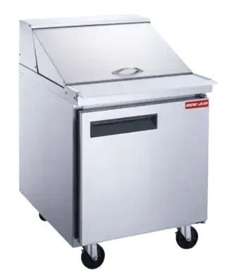 Mega-Top-Prep-Table-NPT-026-MSA.SA_-2.png Single door refrigerated prep table with cutting surface and the doors and hood closed on wheels