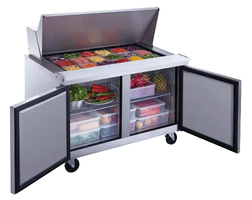 Refrigerated mega top prep table with cutting surface with front doors and hood open exposing fresh food.