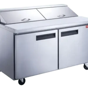 Two door commercial refrigerated prep table with door and hood closed on wheels