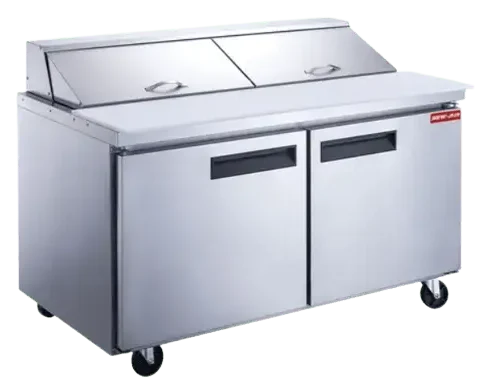 Two door commercial refrigerated prep table with door and hood closed on wheels