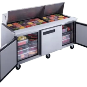 Three door refrigerated mega top prep table on wheels with the hood and two doors open exposing fresh food