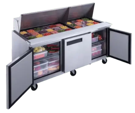 Three door refrigerated mega top prep table on wheels with the hood and two doors open exposing fresh food
