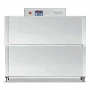 Front view of the DIHR RX 164 E compact conveyor dishwasher featuring a stainless steel exterior, double-skin doors, and a digital control panel.