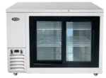Front view of the Atosa SBB48GGR-AUS1 48-inch two-door shallow depth back bar refrigerator with glass doors and swivel casters.