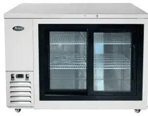 Front view of the Atosa SBB48GGR-AUS1 48-inch two-door shallow depth back bar refrigerator with glass doors and swivel casters.