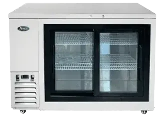 Front view of the Atosa SBB48GGR-AUS1 48-inch two-door shallow depth back bar refrigerator with glass doors and swivel casters.