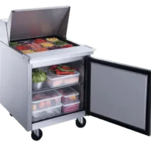 Single door refrigerated prep table with door and hood open displaying fresh food