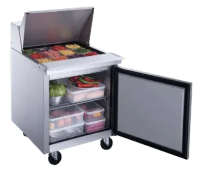 Single door refrigerated prep table with door and hood open displaying fresh food