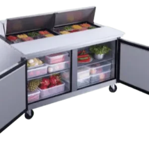 Refrigerated sandwich prep table on wheels with double doors and hood open exposing fresh food