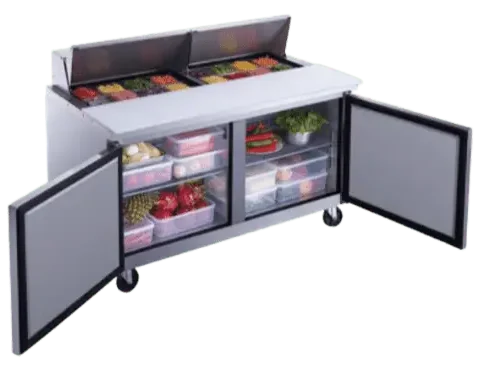 Refrigerated sandwich prep table on wheels with double doors and hood open exposing fresh food
