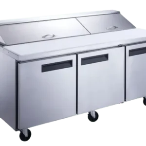 Three door sandwich prep table with cutting surface and three doors on wheels shown with hood cover in closed position