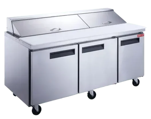 Three door sandwich prep table with cutting surface and three doors on wheels shown with hood cover in closed position
