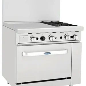 Front view of the Atosa AGR-2B24GL 36-inch gas range featuring two open burners, a 24-inch left-side griddle, and a standard oven on swivel casters.