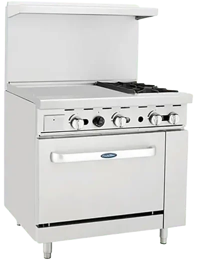 Front view of the Atosa AGR-2B24GL 36-inch gas range featuring two open burners, a 24-inch left-side griddle, and a standard oven on swivel casters.
