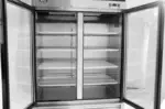 A 54-inch wide Atosa MCF8703 commercial two-door glass reach-in merchandiser freezer with a stainless steel finish and internal LED lighting.