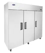 Front view of the Atosa MBF8003GR 78-inch three-door reach-in refrigerator with a stainless steel finish and swivel casters.
