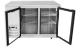 Atosa SBB48GGR-AUS1 48-inch two-door shallow depth back bar refrigerator with glass doors and swivel casters.