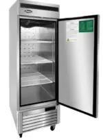Atosa MBF8501GR 27-inch single door reach-in freezer with a stainless steel finish and swivel casters.