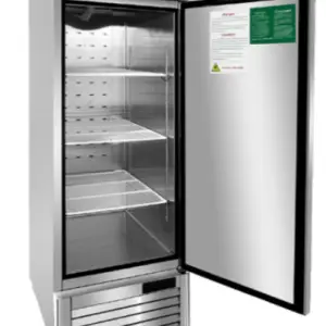 Atosa MBF8501GR 27-inch single door reach-in freezer with a stainless steel finish and swivel casters.