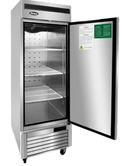 Atosa MBF8501GR 27-inch single door reach-in freezer with a stainless steel finish and swivel casters.