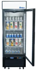 A 27-inch wide Atosa MCF8720GR commercial one-door glass reach-in merchandiser refrigerator with a stainless steel finish and internal LED lighting.