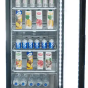 A 27-inch wide Atosa MCF8720GR commercial one-door glass reach-in merchandiser refrigerator with a stainless steel finish and internal LED lighting.
